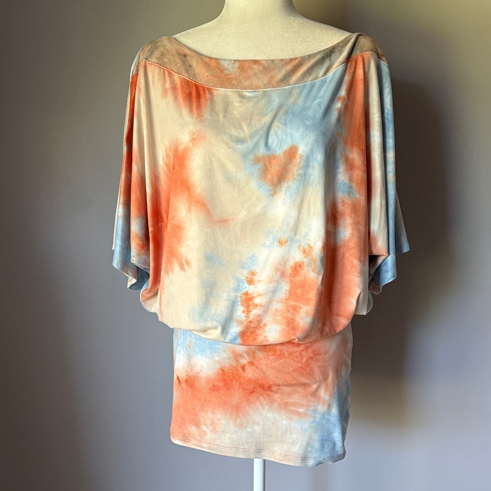 Veronica M Coral & Sky Blue Tie-Dye Dolman Drop Fitted Waist Dress